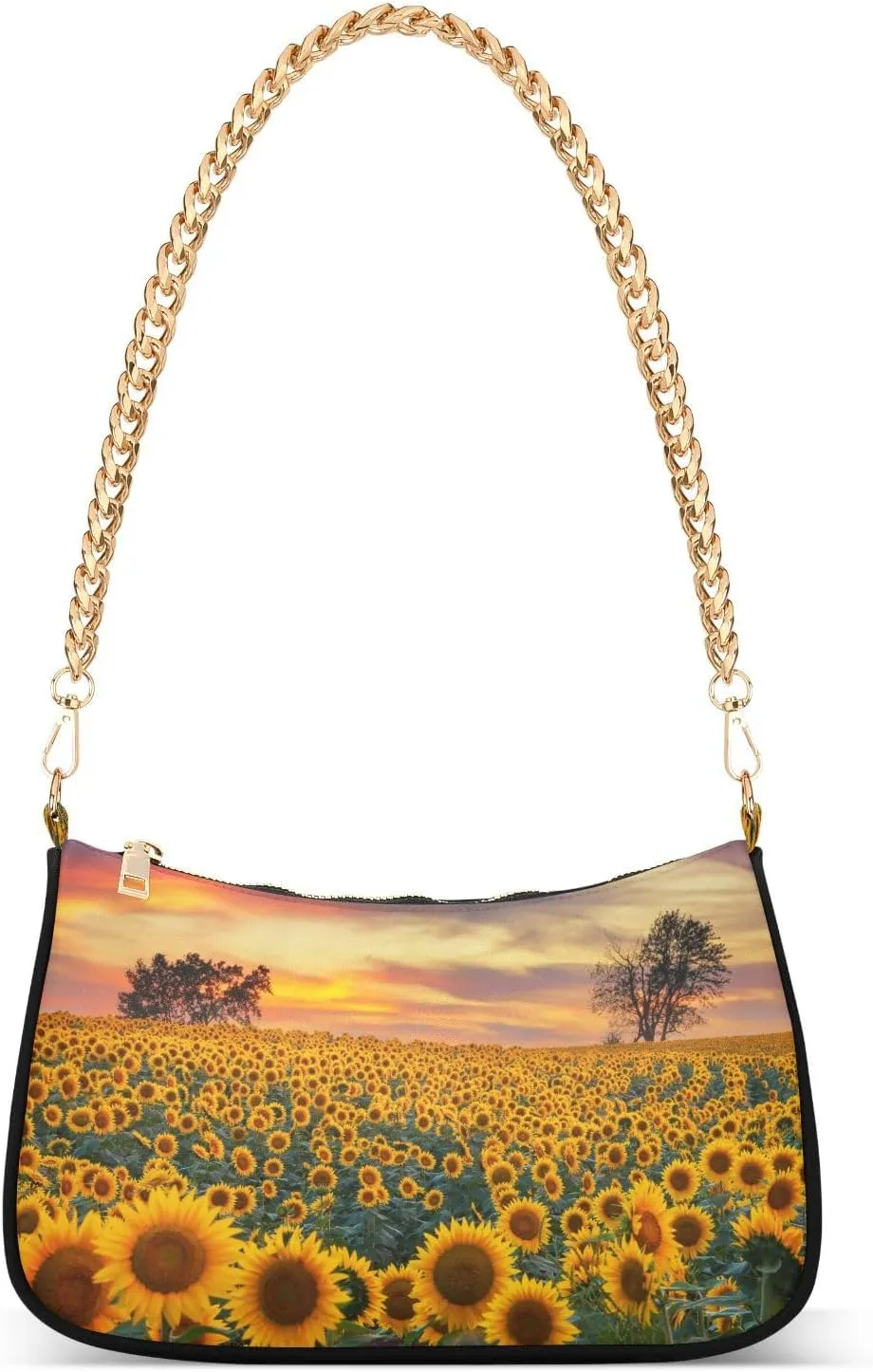 Sunflower Field Full Bloom Sunset Shoulder Handbags for Women Travel Hobo Tote Handbag Women Gold Chain Shoulder Bags Purse with Zipper Closure
