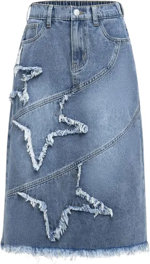 SweatyRocks Girl's High Waist Y2K Punk Distressed Raw Trim Midi Denim Skirts