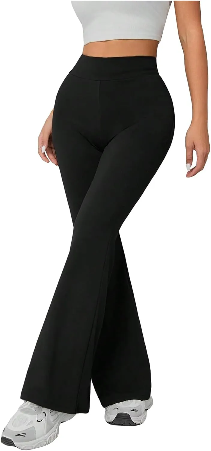 SweatyRocks Women's Solid Color Elastic High Waist Trousers Flared Leg Skinny Pants