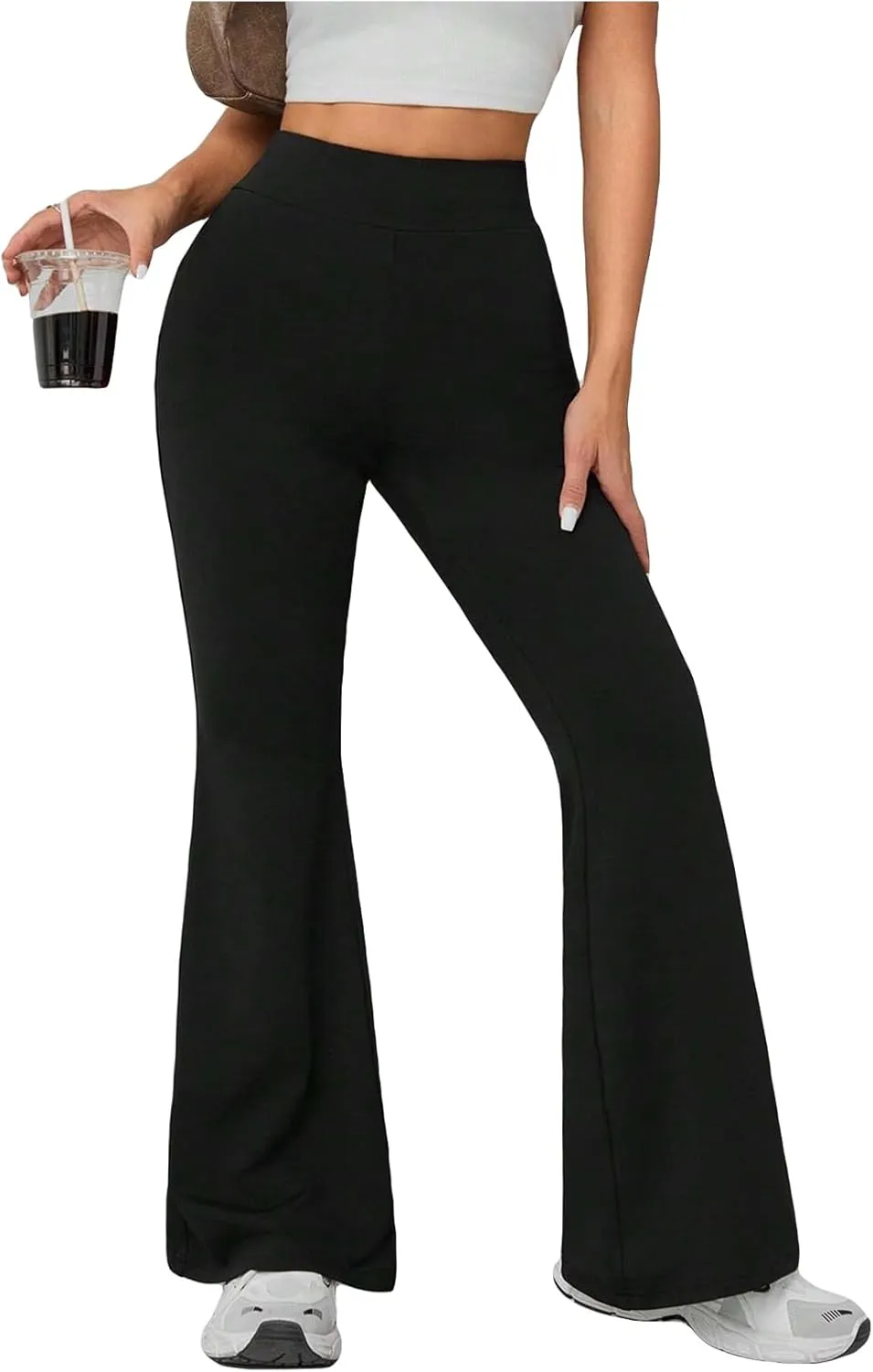 SweatyRocks Women's Solid Color Elastic High Waist Trousers Flared Leg Skinny Pants