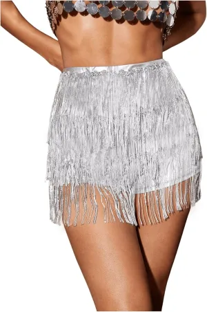 SweatyRocks Women's Sparkly Sequins Tassel Mini Skort Skinny Shorts Fringe Hip Rave Festival Bottoms