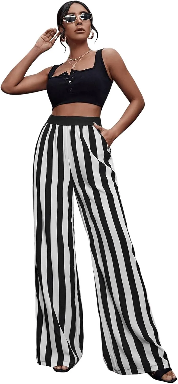 SweatyRocks Women's Striped Extra Long High Waited Wide Leg Pants Loose Casual Trousers with Pockets