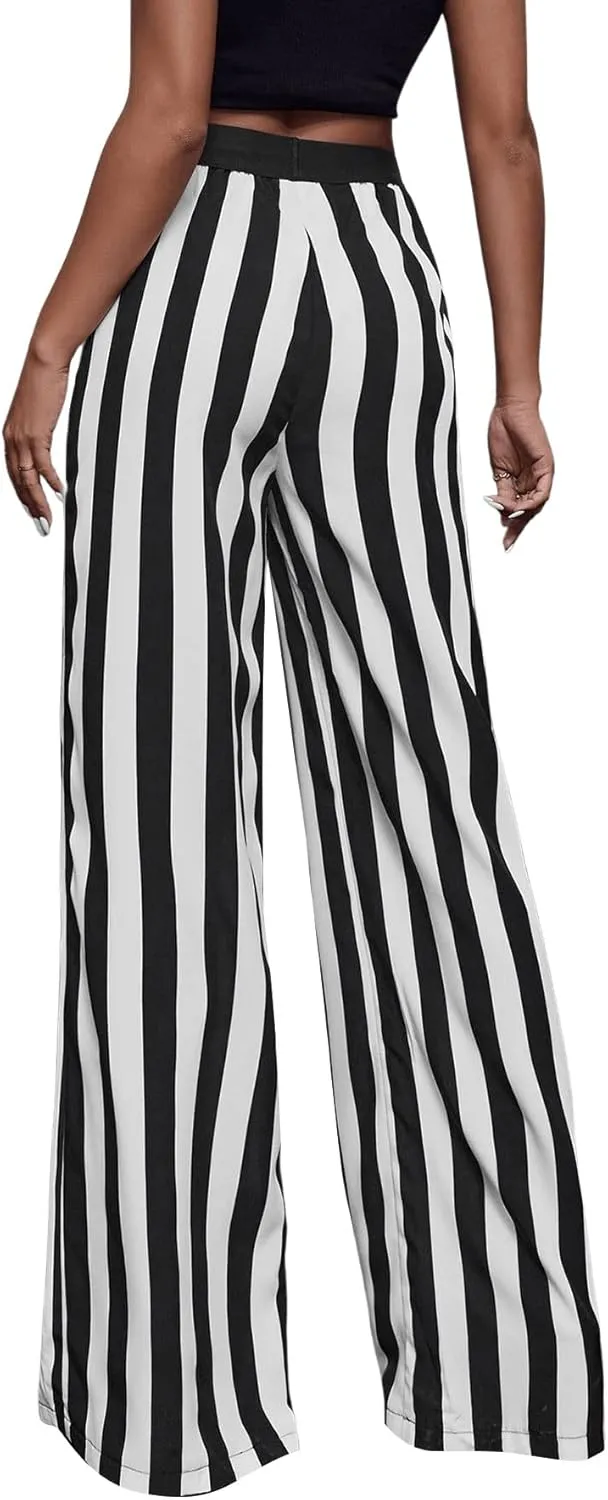 SweatyRocks Women's Striped Extra Long High Waited Wide Leg Pants Loose Casual Trousers with Pockets