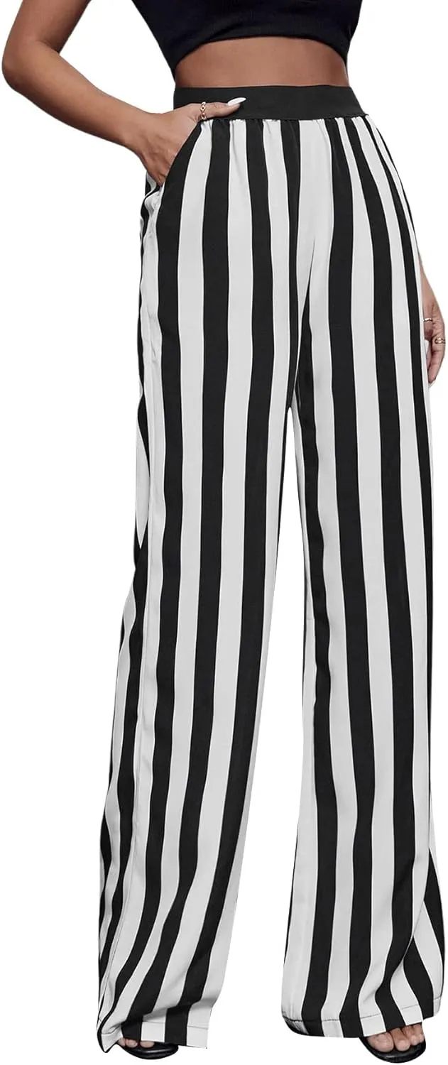 SweatyRocks Women's Striped Extra Long High Waited Wide Leg Pants Loose Casual Trousers with Pockets