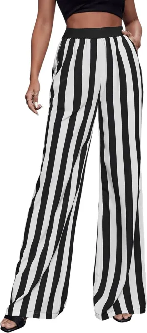 SweatyRocks Women's Striped Extra Long High Waited Wide Leg Pants Loose Casual Trousers with Pockets