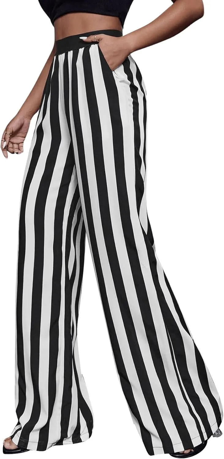 SweatyRocks Women's Striped Extra Long High Waited Wide Leg Pants Loose Casual Trousers with Pockets