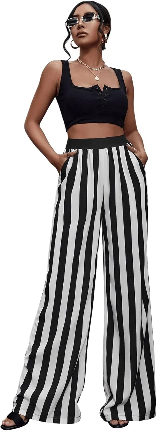 SweatyRocks Women's Striped Extra Long High Waited Wide Leg Pants Loose Casual Trousers with Pockets