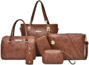 Synthetic PU Leather Tote for Women Satchel Crossbody Hobo 6pcs Handbags Shoulder Wallet Card Nail Clipper Bag-Brown