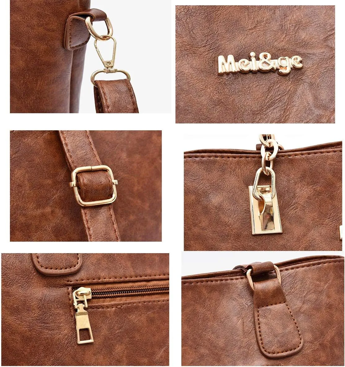 Synthetic PU Leather Tote for Women Satchel Crossbody Hobo 6pcs Handbags Shoulder Wallet Card Nail Clipper Bag-Brown