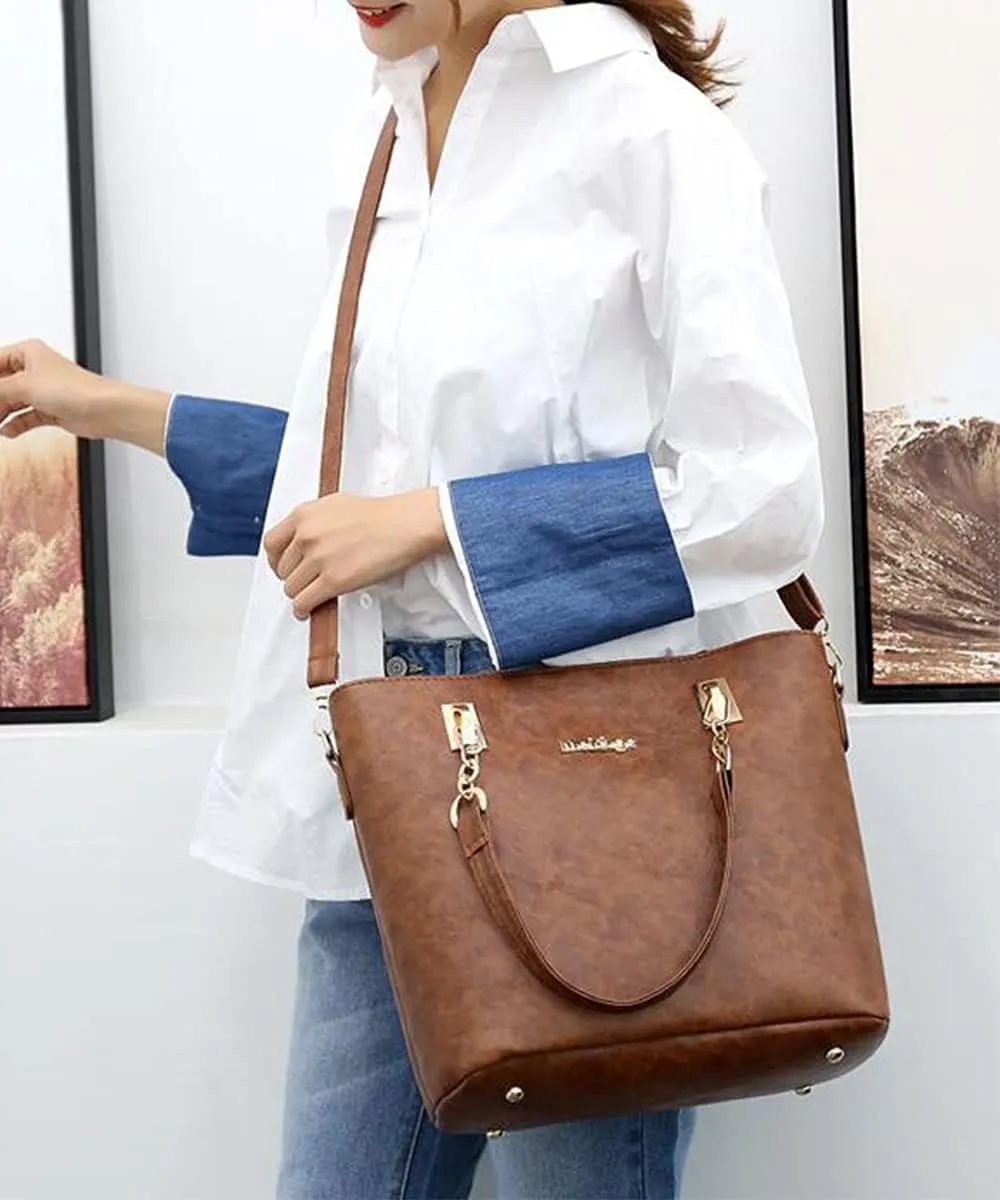 Synthetic PU Leather Tote for Women Satchel Crossbody Hobo 6pcs Handbags Shoulder Wallet Card Nail Clipper Bag-Brown