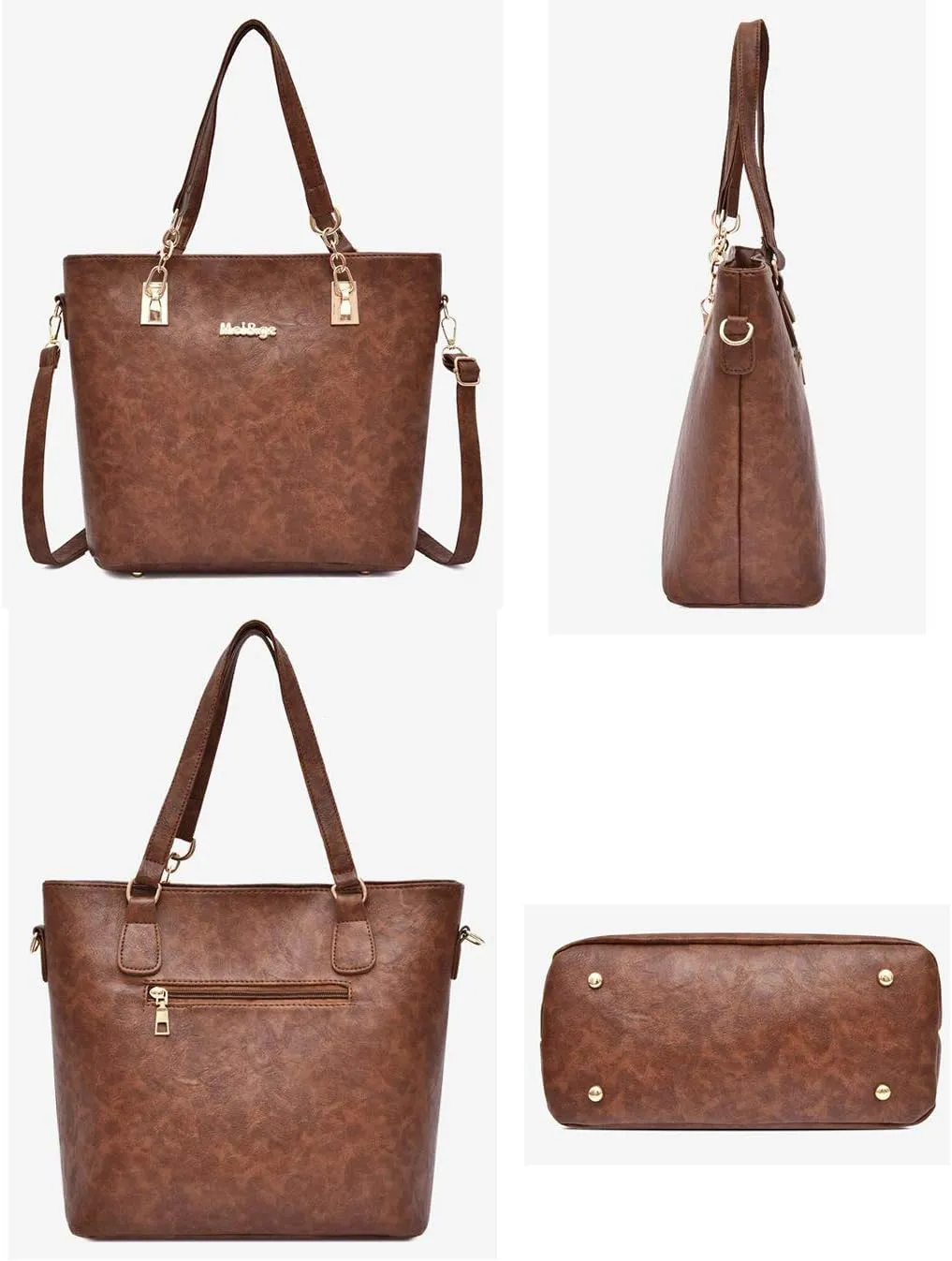 Synthetic PU Leather Tote for Women Satchel Crossbody Hobo 6pcs Handbags Shoulder Wallet Card Nail Clipper Bag-Brown