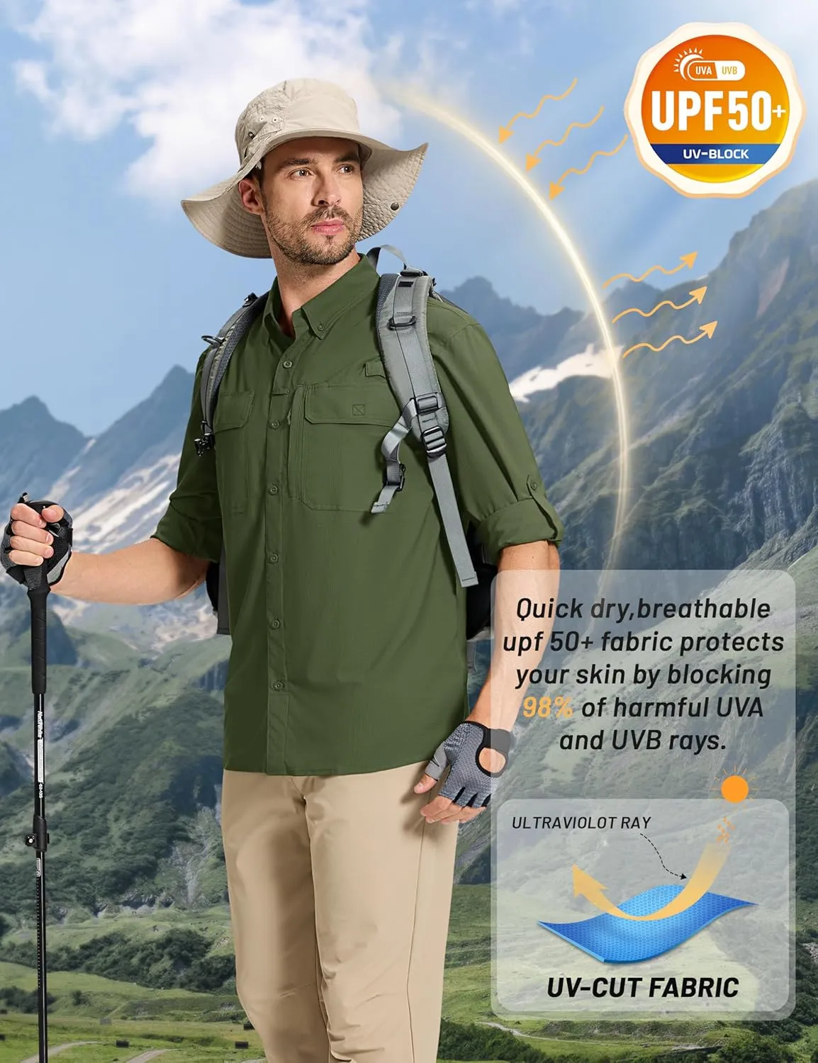 TACVASEN Men's Fishing Shirts Long Sleeve Sun Protection UPF50  Quick Dry Button Down Shirts with Zipper Pockets