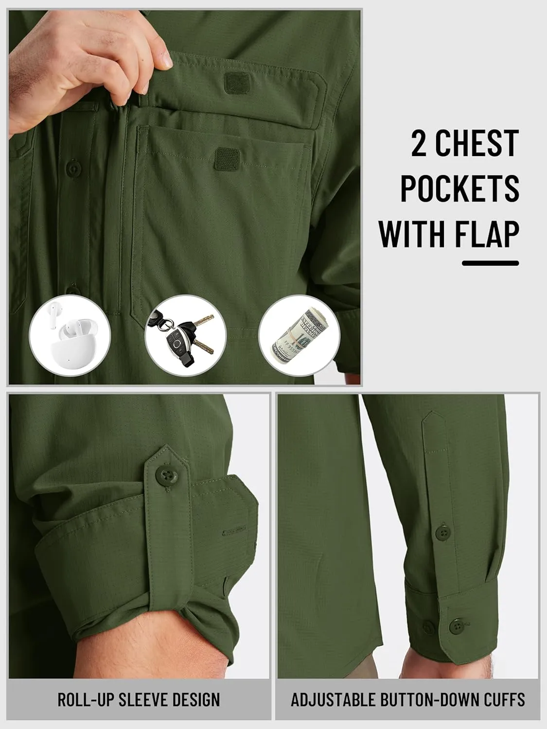 TACVASEN Men's Fishing Shirts Long Sleeve Sun Protection UPF50  Quick Dry Button Down Shirts with Zipper Pockets
