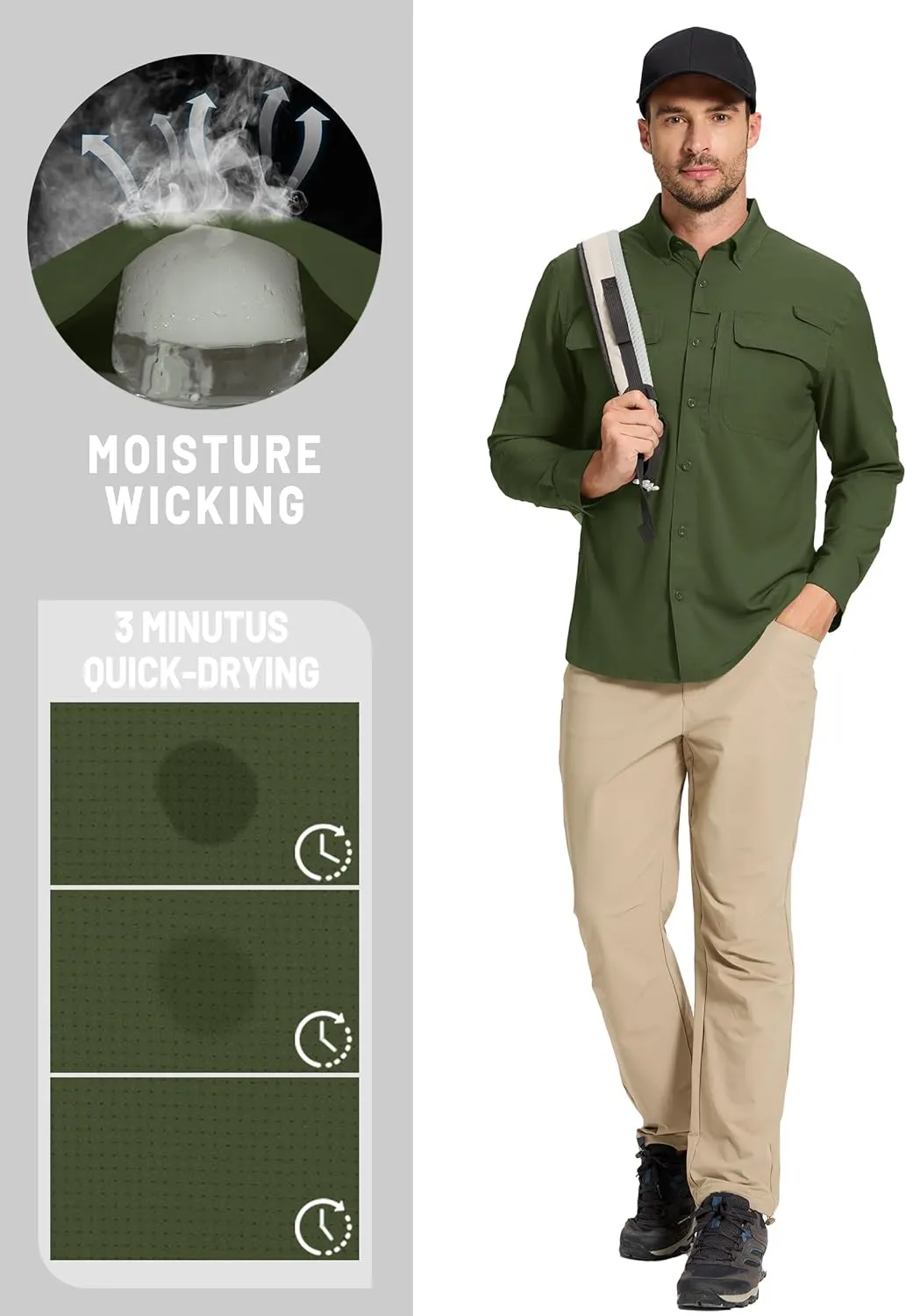 TACVASEN Men's Fishing Shirts Long Sleeve Sun Protection UPF50  Quick Dry Button Down Shirts with Zipper Pockets