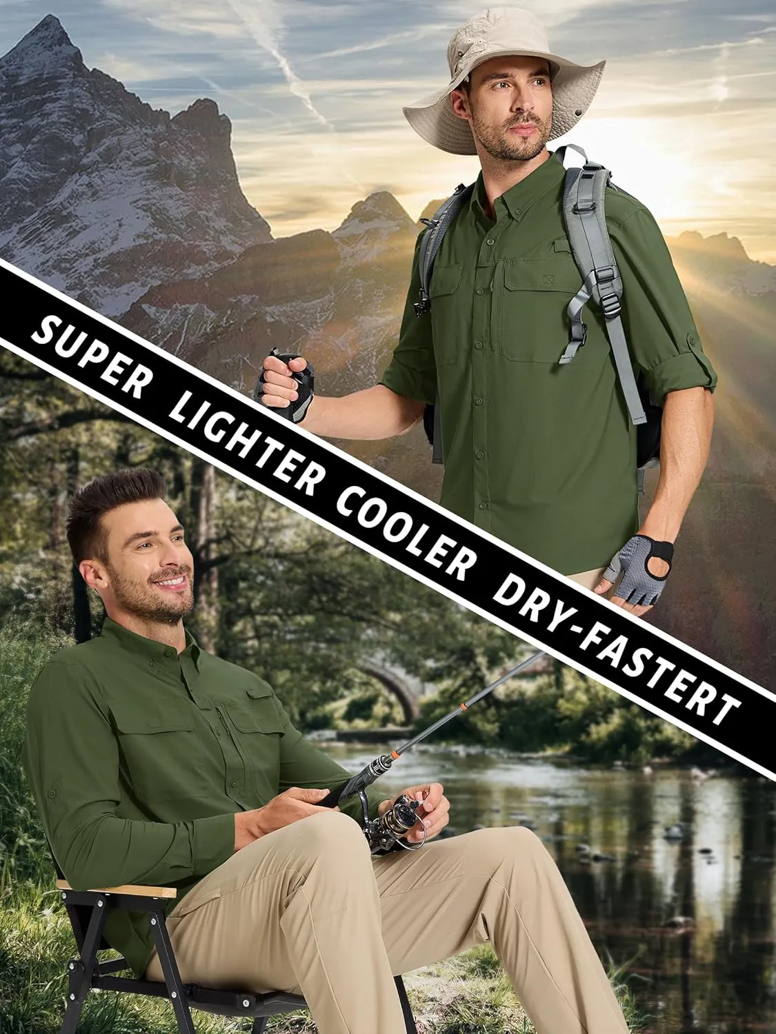 TACVASEN Men's Fishing Shirts Long Sleeve Sun Protection UPF50  Quick Dry Button Down Shirts with Zipper Pockets