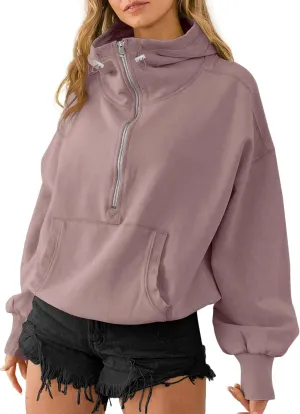 TBA High Neck Hoodies for Women Oversized Half Zip Drawstring Y2K Pullover Sweater Casual Long Sleeve Sweatshirt with Pockets Grey Purple