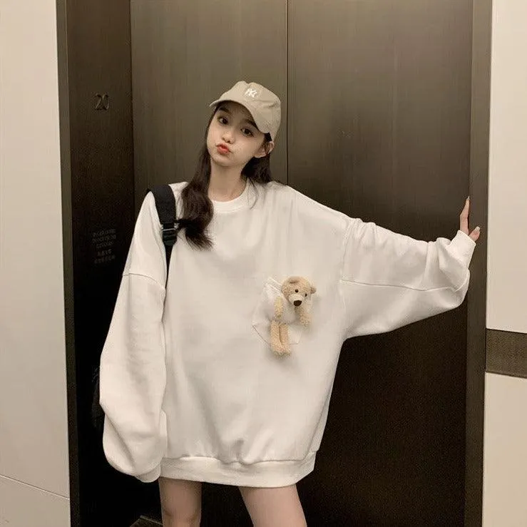 Teddy Bear Companion Lightweight Women's Sweatshirt Pullover Cute Kawaii Harajuku Girls Top Korean Style
