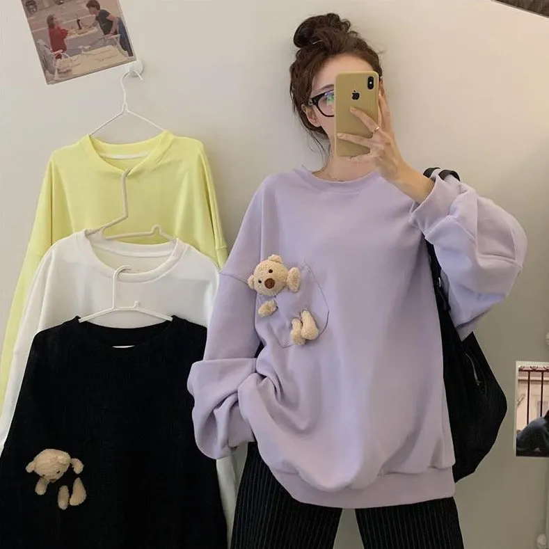 Teddy Bear Companion Lightweight Women's Sweatshirt Pullover Cute Kawaii Harajuku Girls Top Korean Style