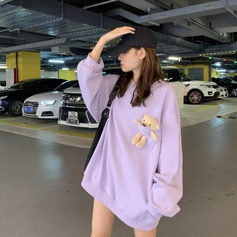 Teddy Bear Companion Lightweight Women's Sweatshirt Pullover Cute Kawaii Harajuku Girls Top Korean Style