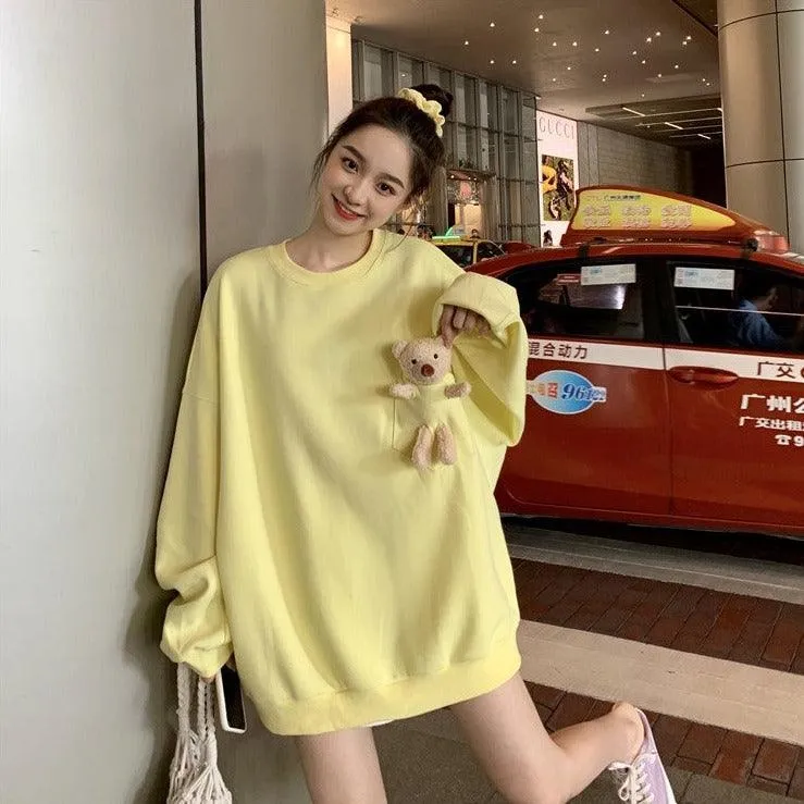 Teddy Bear Companion Lightweight Women's Sweatshirt Pullover Cute Kawaii Harajuku Girls Top Korean Style
