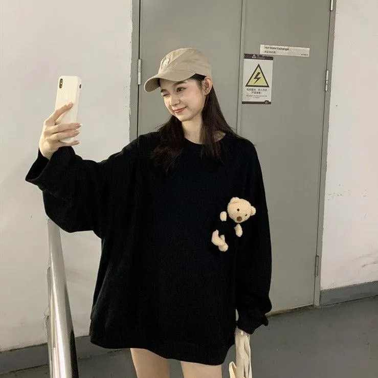 Teddy Bear Companion Lightweight Women's Sweatshirt Pullover Cute Kawaii Harajuku Girls Top Korean Style