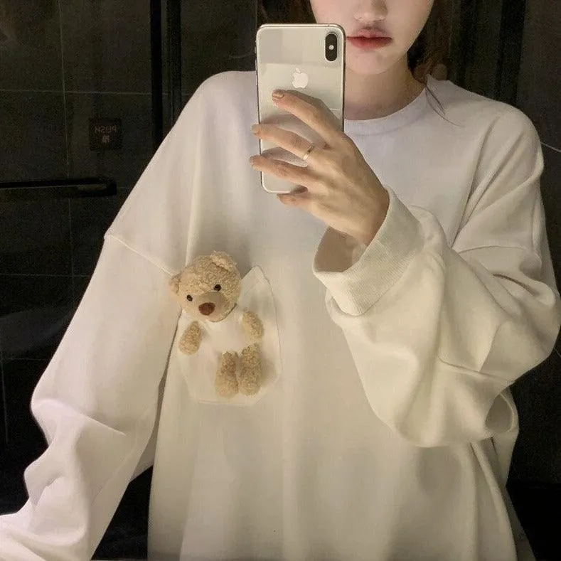 Teddy Bear Companion Lightweight Women's Sweatshirt Pullover Cute Kawaii Harajuku Girls Top Korean Style
