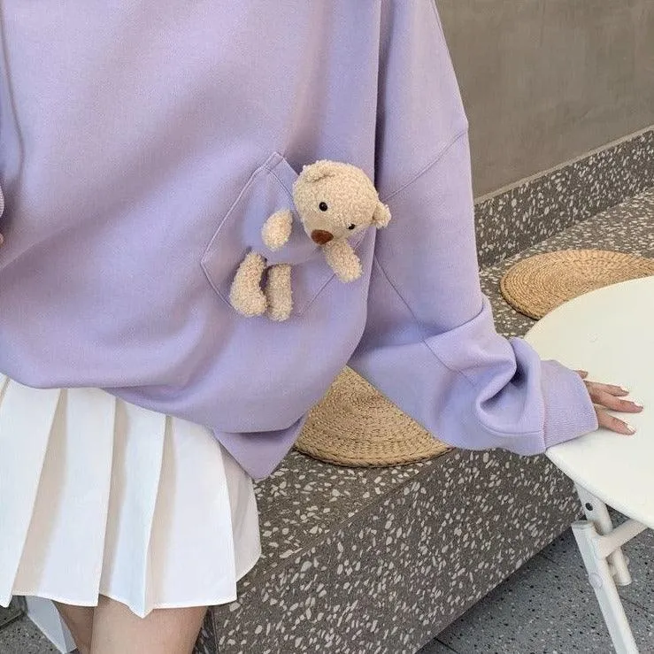 Teddy Bear Companion Lightweight Women's Sweatshirt Pullover Cute Kawaii Harajuku Girls Top Korean Style
