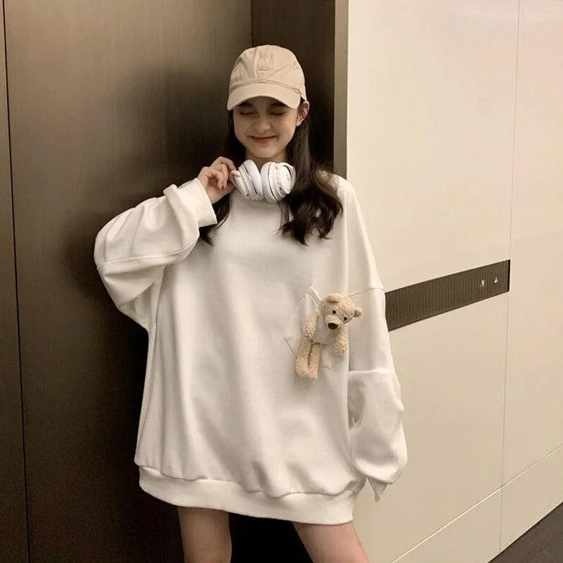 Teddy Bear Companion Lightweight Women's Sweatshirt Pullover Cute Kawaii Harajuku Girls Top Korean Style