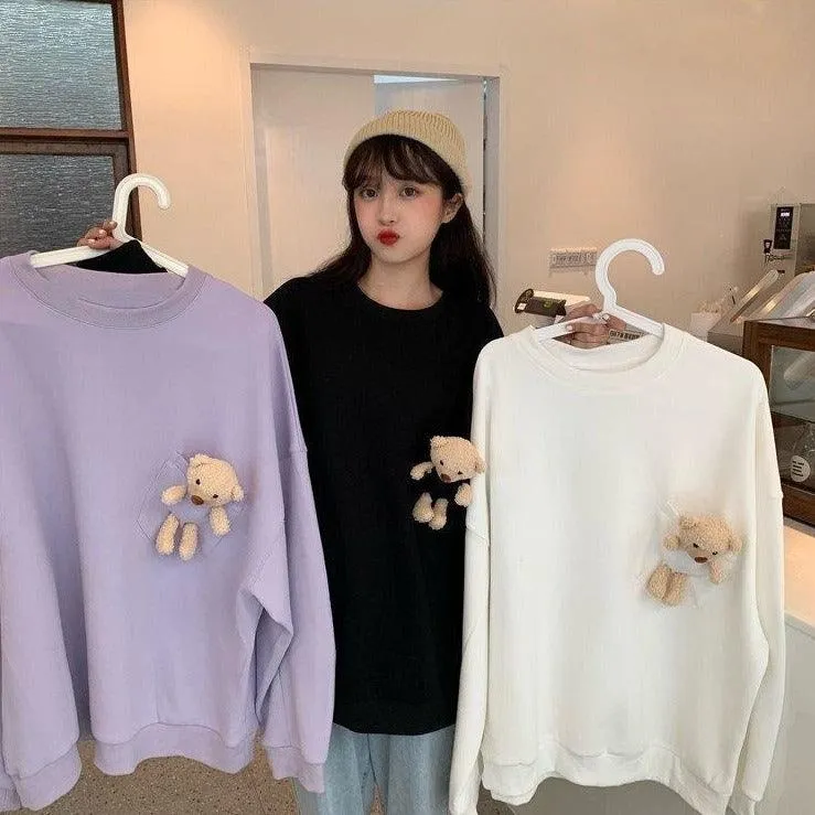 Teddy Bear Companion Lightweight Women's Sweatshirt Pullover Cute Kawaii Harajuku Girls Top Korean Style