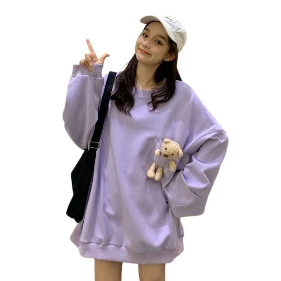 Teddy Bear Companion Lightweight Women's Sweatshirt Pullover Cute Kawaii Harajuku Girls Top Korean Style
