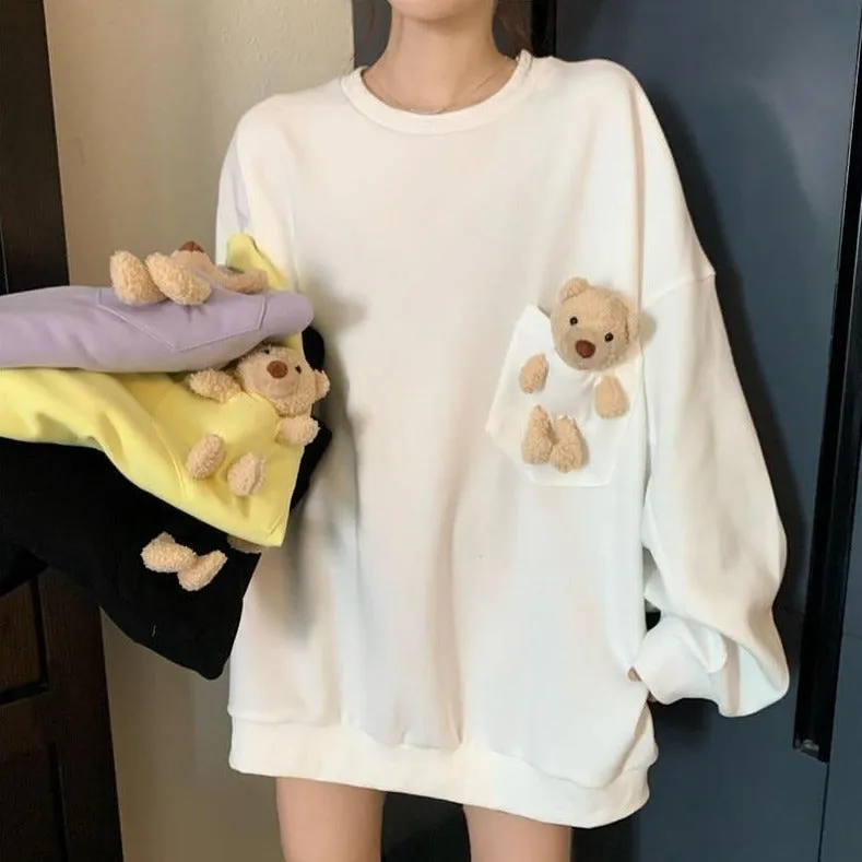 Teddy Bear Companion Lightweight Women's Sweatshirt Pullover Cute Kawaii Harajuku Girls Top Korean Style