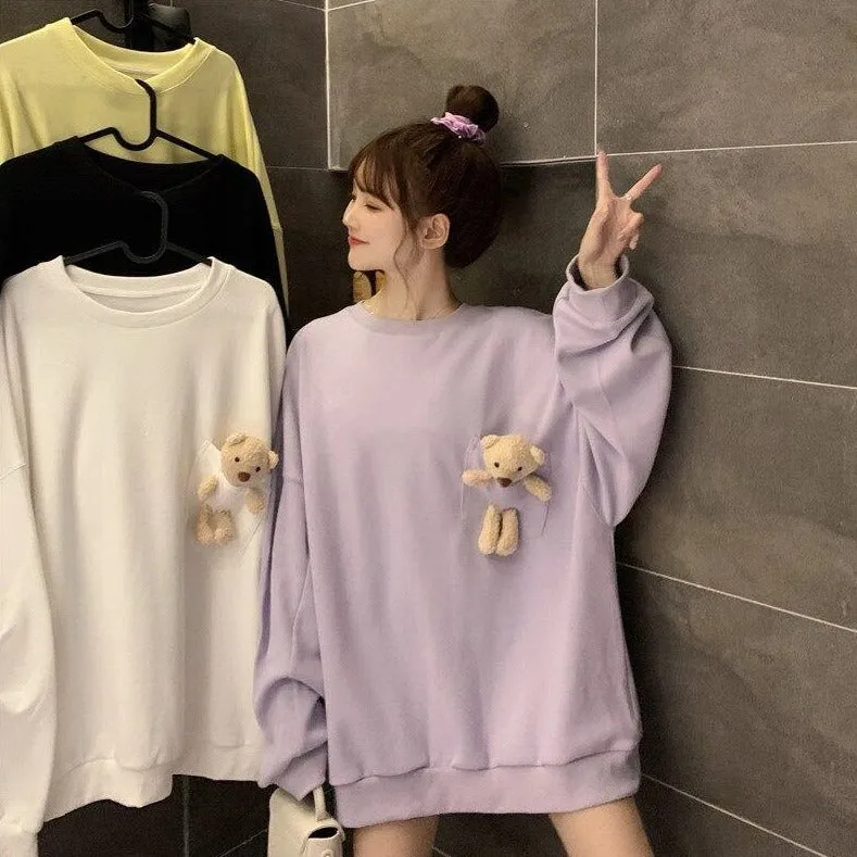 Teddy Bear Companion Lightweight Women's Sweatshirt Pullover Cute Kawaii Harajuku Girls Top Korean Style