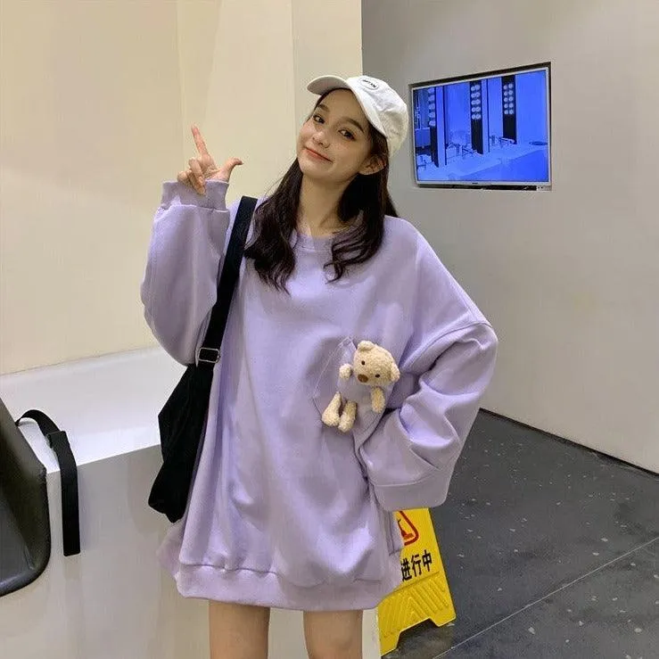 Teddy Bear Companion Lightweight Women's Sweatshirt Pullover Cute Kawaii Harajuku Girls Top Korean Style