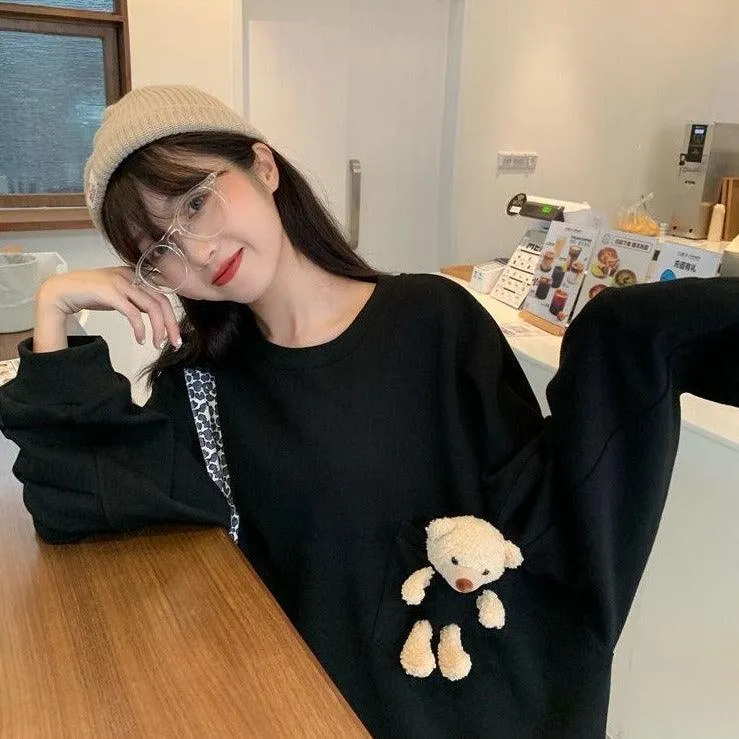Teddy Bear Companion Lightweight Women's Sweatshirt Pullover Cute Kawaii Harajuku Girls Top Korean Style