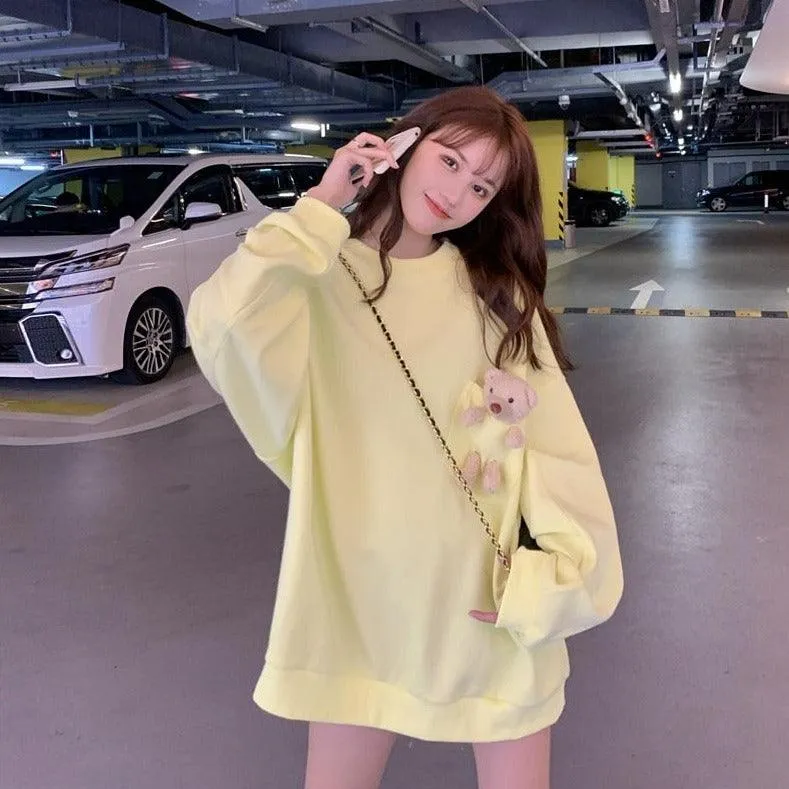 Teddy Bear Companion Lightweight Women's Sweatshirt Pullover Cute Kawaii Harajuku Girls Top Korean Style