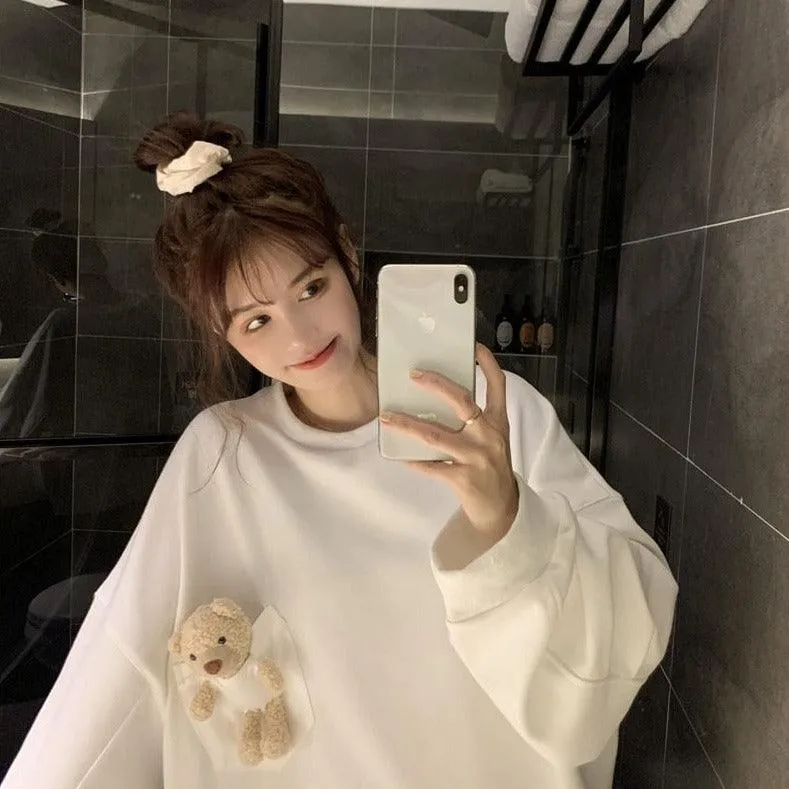 Teddy Bear Companion Lightweight Women's Sweatshirt Pullover Cute Kawaii Harajuku Girls Top Korean Style