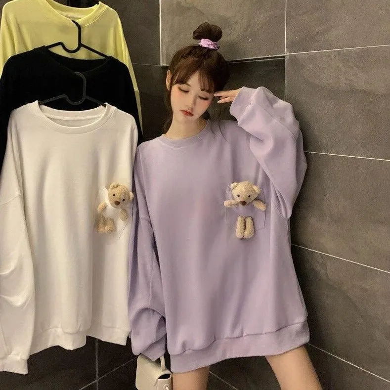Teddy Bear Companion Lightweight Women's Sweatshirt Pullover Cute Kawaii Harajuku Girls Top Korean Style