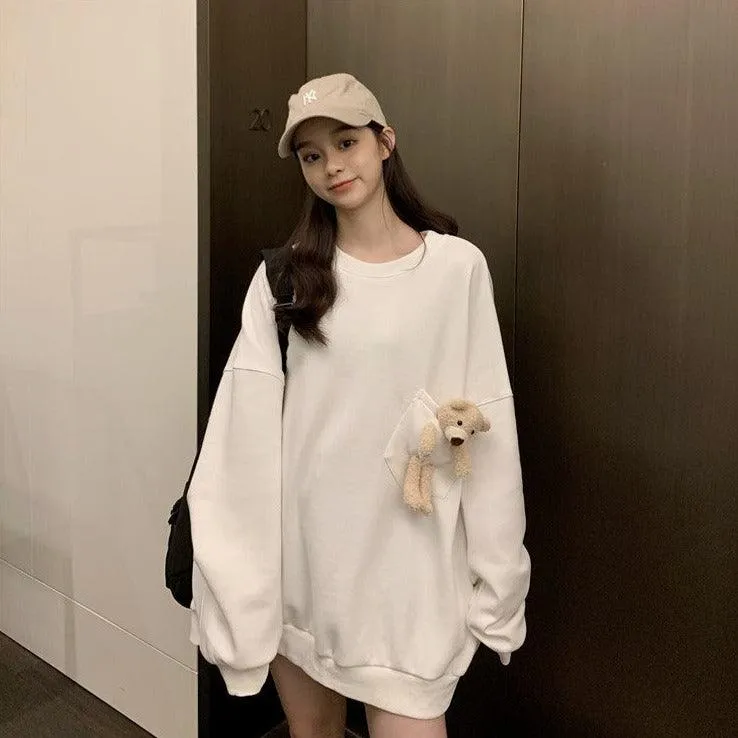 Teddy Bear Companion Lightweight Women's Sweatshirt Pullover Cute Kawaii Harajuku Girls Top Korean Style