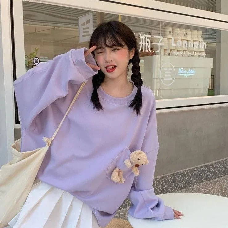 Teddy Bear Companion Lightweight Women's Sweatshirt Pullover Cute Kawaii Harajuku Girls Top Korean Style