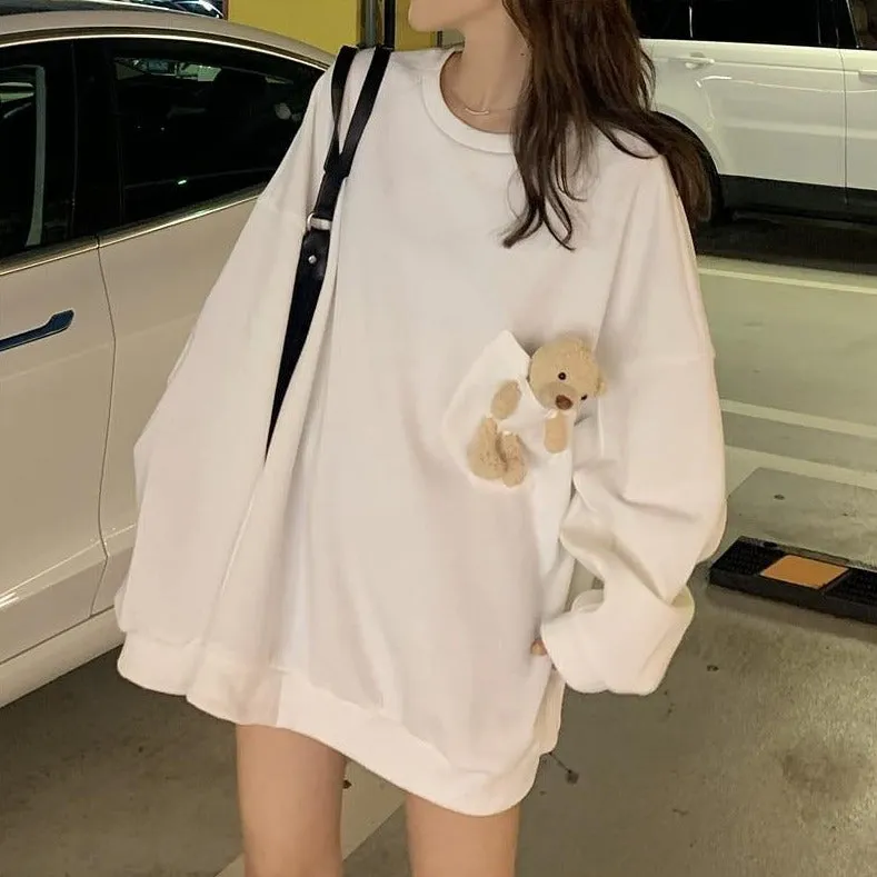 Teddy Bear Companion Lightweight Women's Sweatshirt Pullover Cute Kawaii Harajuku Girls Top Korean Style
