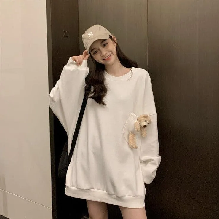 Teddy Bear Companion Lightweight Women's Sweatshirt Pullover Cute Kawaii Harajuku Girls Top Korean Style