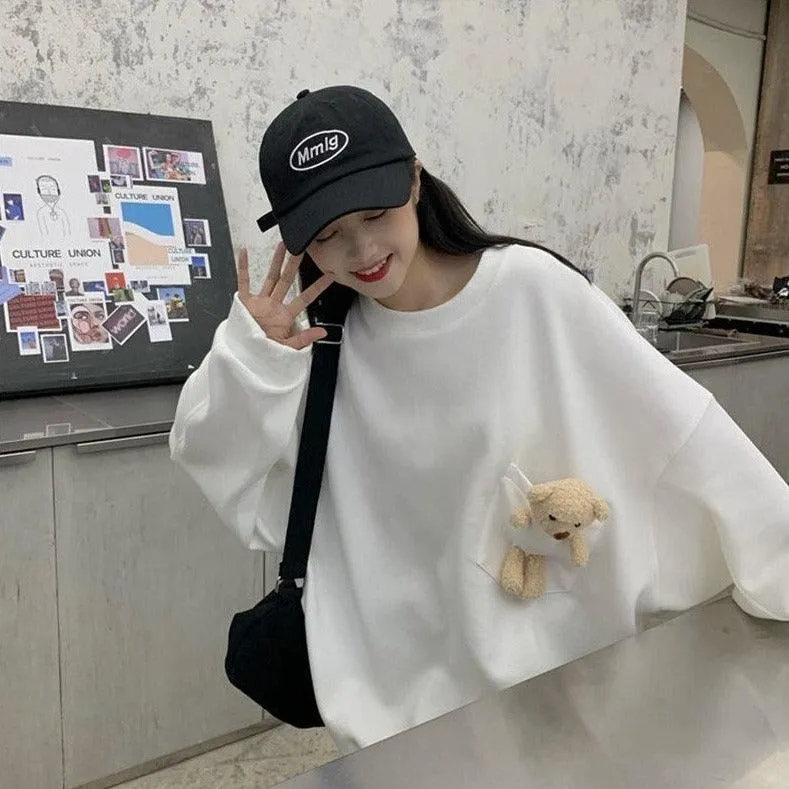 Teddy Bear Companion Lightweight Women's Sweatshirt Pullover Cute Kawaii Harajuku Girls Top Korean Style