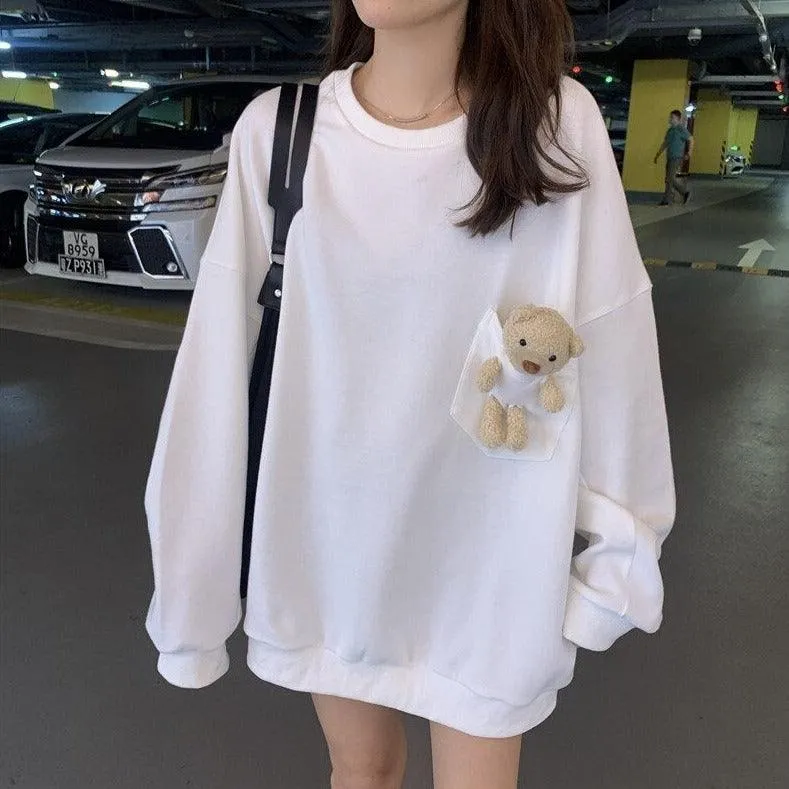 Teddy Bear Companion Lightweight Women's Sweatshirt Pullover Cute Kawaii Harajuku Girls Top Korean Style