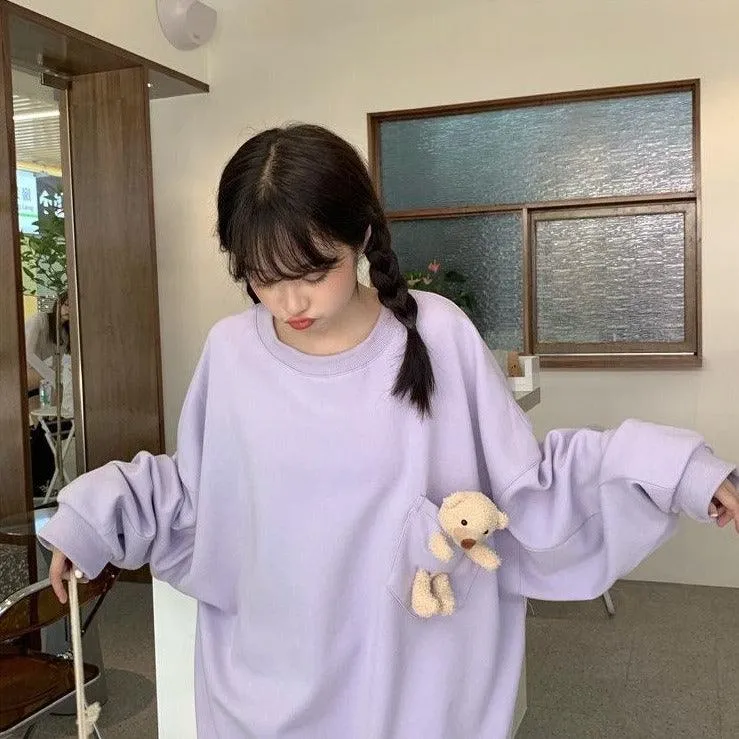 Teddy Bear Companion Lightweight Women's Sweatshirt Pullover Cute Kawaii Harajuku Girls Top Korean Style