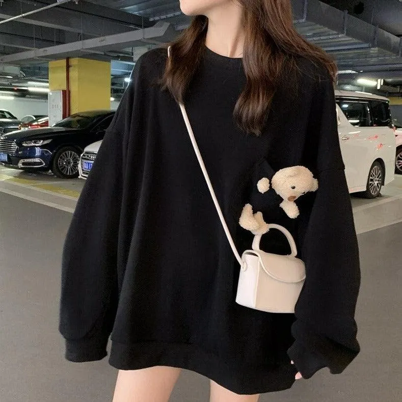 Teddy Bear Companion Lightweight Women's Sweatshirt Pullover Cute Kawaii Harajuku Girls Top Korean Style