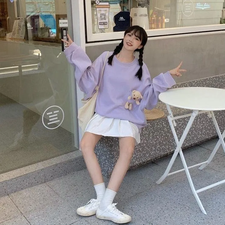 Teddy Bear Companion Lightweight Women's Sweatshirt Pullover Cute Kawaii Harajuku Girls Top Korean Style