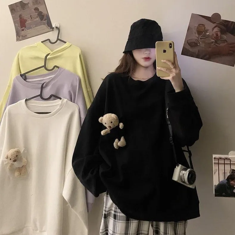 Teddy Bear Companion Lightweight Women's Sweatshirt Pullover Cute Kawaii Harajuku Girls Top Korean Style