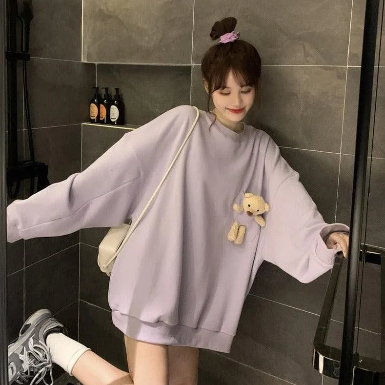 Teddy Bear Companion Lightweight Women's Sweatshirt Pullover Cute Kawaii Harajuku Girls Top Korean Style
