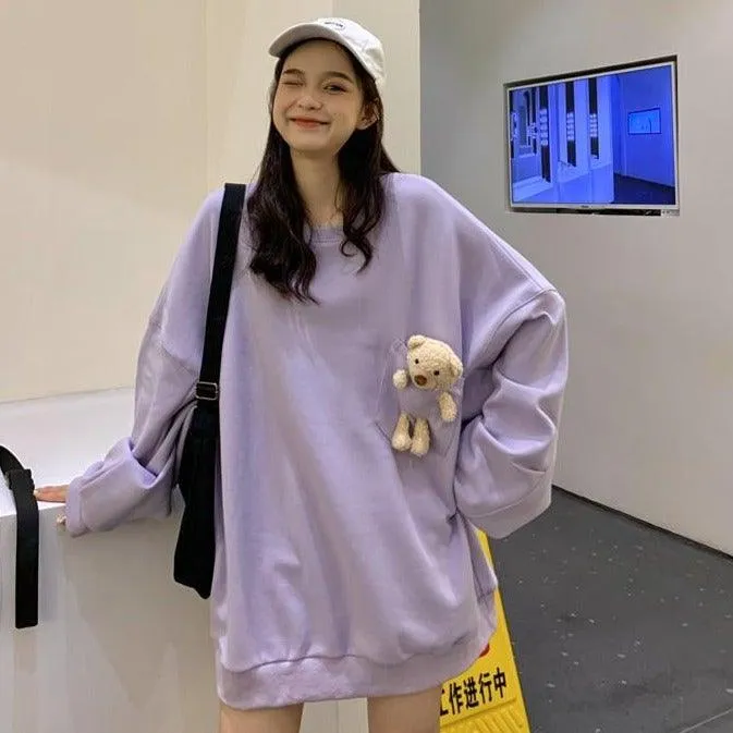 Teddy Bear Companion Lightweight Women's Sweatshirt Pullover Cute Kawaii Harajuku Girls Top Korean Style