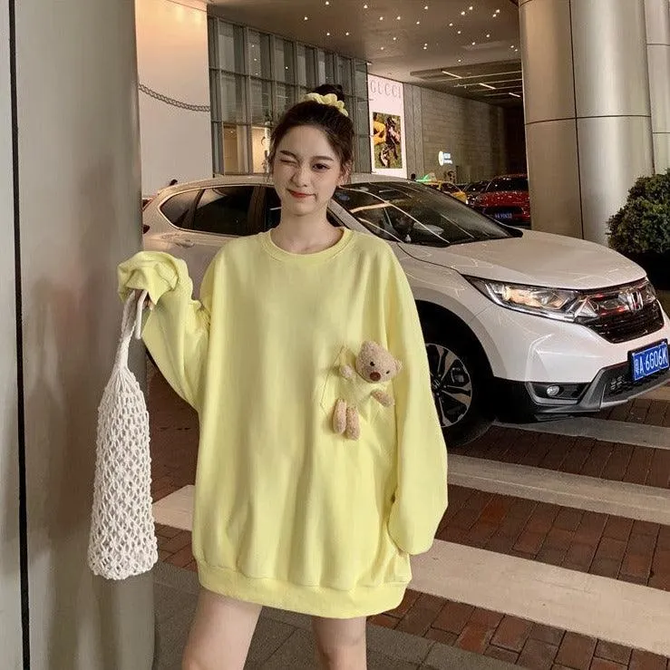 Teddy Bear Companion Lightweight Women's Sweatshirt Pullover Cute Kawaii Harajuku Girls Top Korean Style